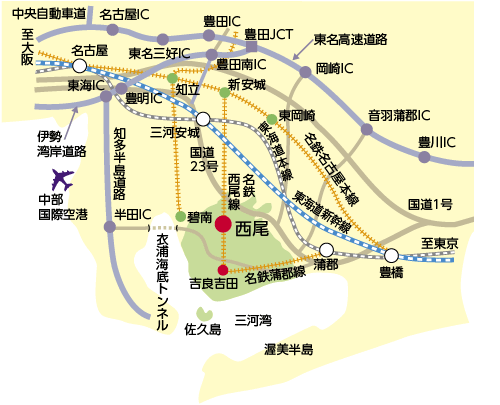 地図：西尾市周辺道路・鉄道