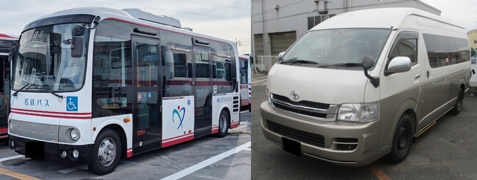 白地に赤色の線が入った小型バスとハイエース