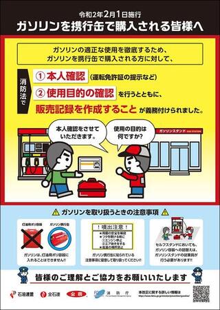 イラスト：令和2年2月1日施行　ガソリンを携行缶で購入される皆様へ　ガソリンの適正な使用を徹底するため、ガソリンを携行缶で購入される方に対して、消防法で運転免許証の掲示などによる本人確認及び使用目的の確認を行うとともに、販売記録を作成することが義務付けられました。ガソリンを取り扱うときの注意事項として、ガソリンは灯油用ポリ容器に入れることはできません。ガソリン携行缶に貼られている注意事項に留意して取り扱ってください。周囲の安全を確認、フタを開ける前にエンジン停止、エア抜きをする。高温の場所禁止。セルフスタンドにおいても、ガソリン容器への詰替えは、ガソリンスタンドの従業員が行う必要があります。皆様のご理解とご協力をお願いいたします。