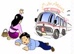 イラスト：屋外で倒れている男性を発見し、救急車を誘導する女性