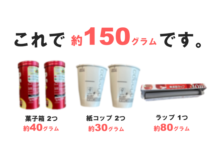 雑がみ150gの事例。菓子箱2つで約40g、紙コップ2つで約30g、ラップ1つで約80gになります。