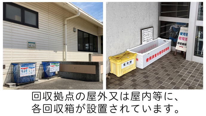 回収拠点の屋外又は屋内等に、 各回収箱が設置されています。
