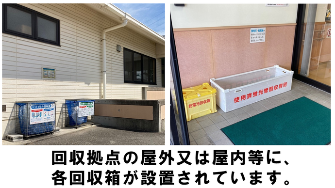 回収拠点の屋外又は屋内等に、 各回収箱が設置されています。