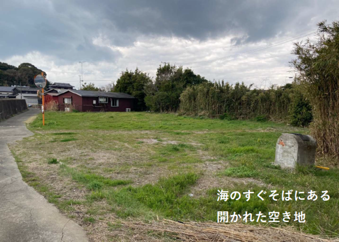 一色町佐久島地内 空き地の全体写真（細い道路沿いに草原が広がる）