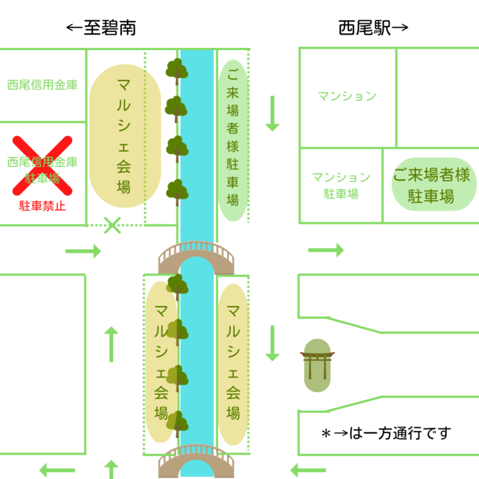 みどり川マルシェ　駐車場案内(右岸駐車場)　西尾信金駐車禁止