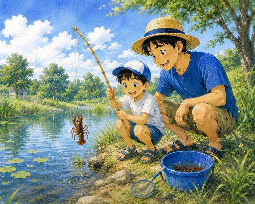 家族でザリガニ釣りの様子